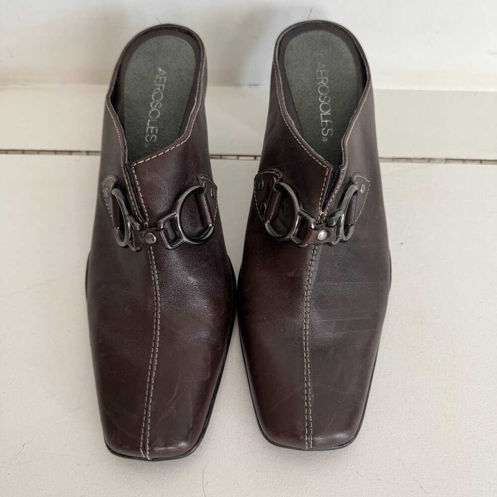 Aerosoles Cinch Worm Women Comfort Mules Slip On Shoes Brown Heels Size 8.5 B